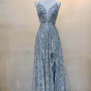 NEW SILVER OPEN BACK A-LINE PROM PARTY WEDDING EVENING LONG MAXI GOWN BZ017